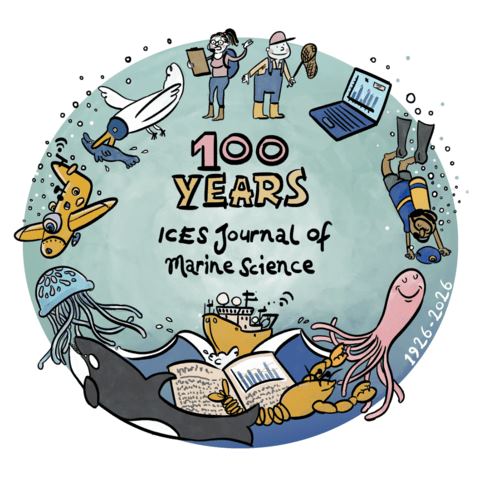 A drawing with marine life and 100 years ICES Journal of Marine Science in the center.