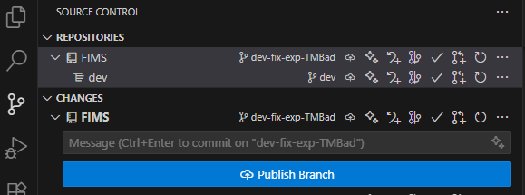Image of multiple branches checked out on in the FIMS repository using git worktrees.