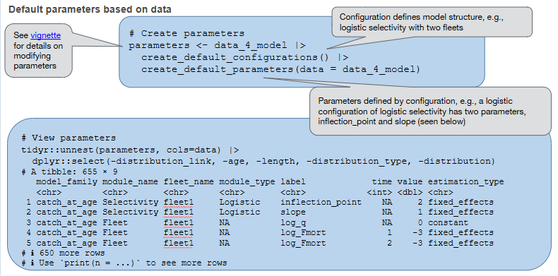 A screenshot of the table that is created when running FIMS::create_default_parameters().