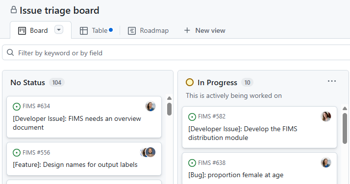 A screen shot of No Status and In Progress issues from https://github.com/orgs/NOAA-FIMS/projects/21/views/1.