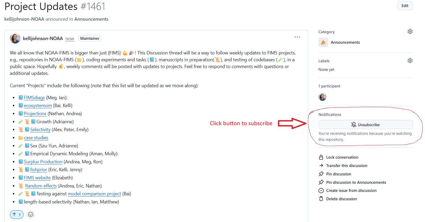 A screenshot of where to find the Subscribe button for GitHub Discussions.
